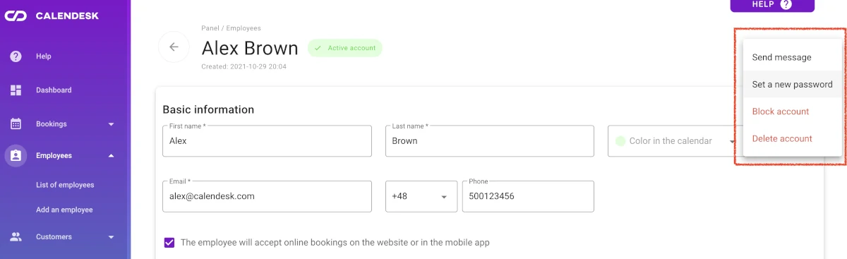 Online booking system - Employee options