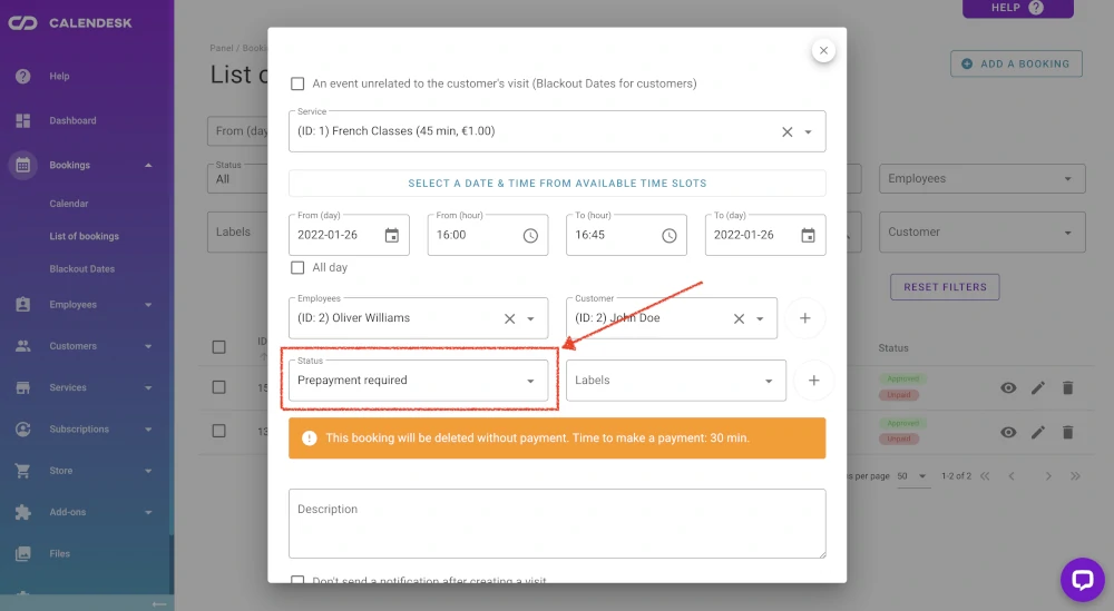 Online booking prepayments - adding a new booking