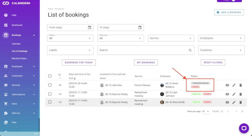 Online booking prepayments - displaying bookings