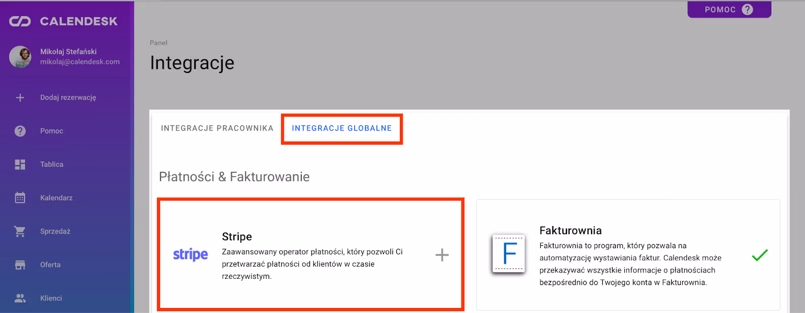 Miejsce podłączania integracji z systemem płatności Stripe. 