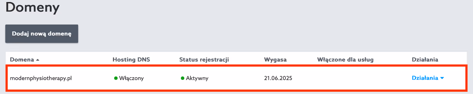 Wybór domeny do konfiguracji.
