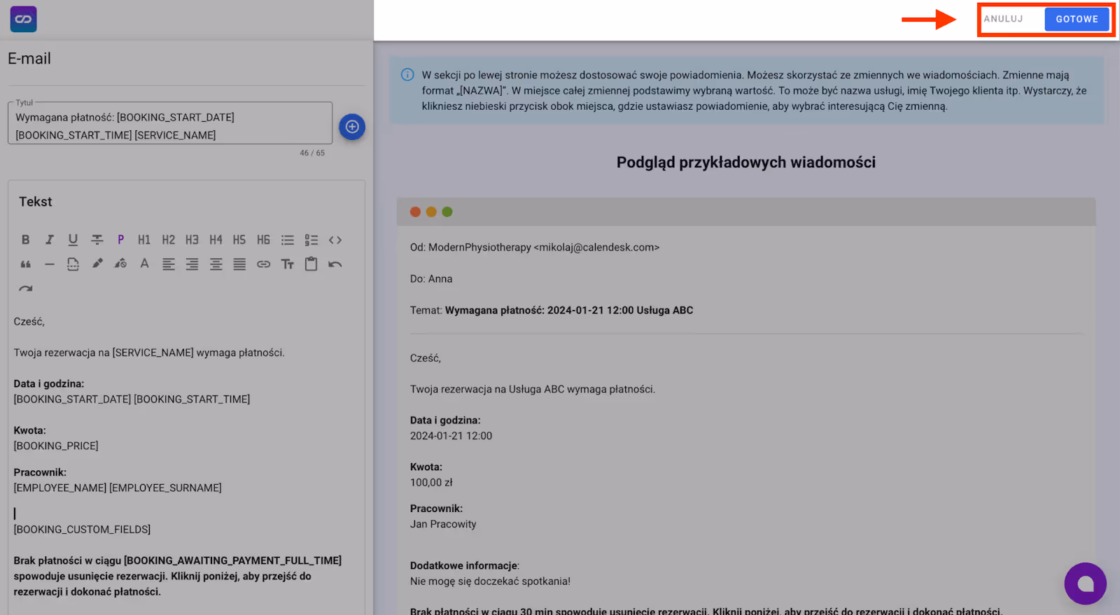 Zatwierdzenie zmian w powiadomieniu.