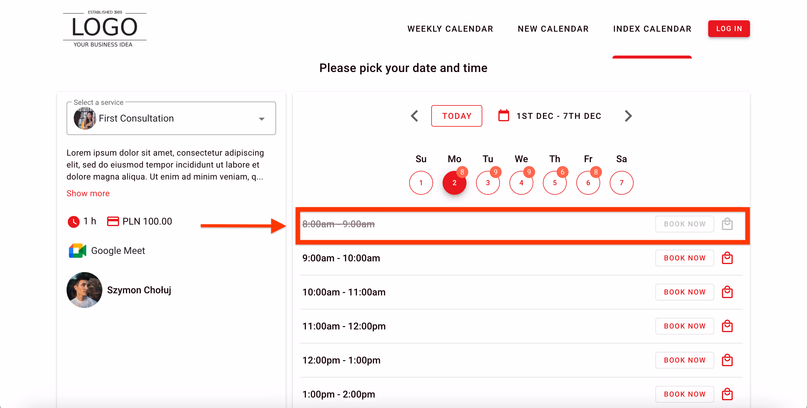Index Calendar – slots booked. 