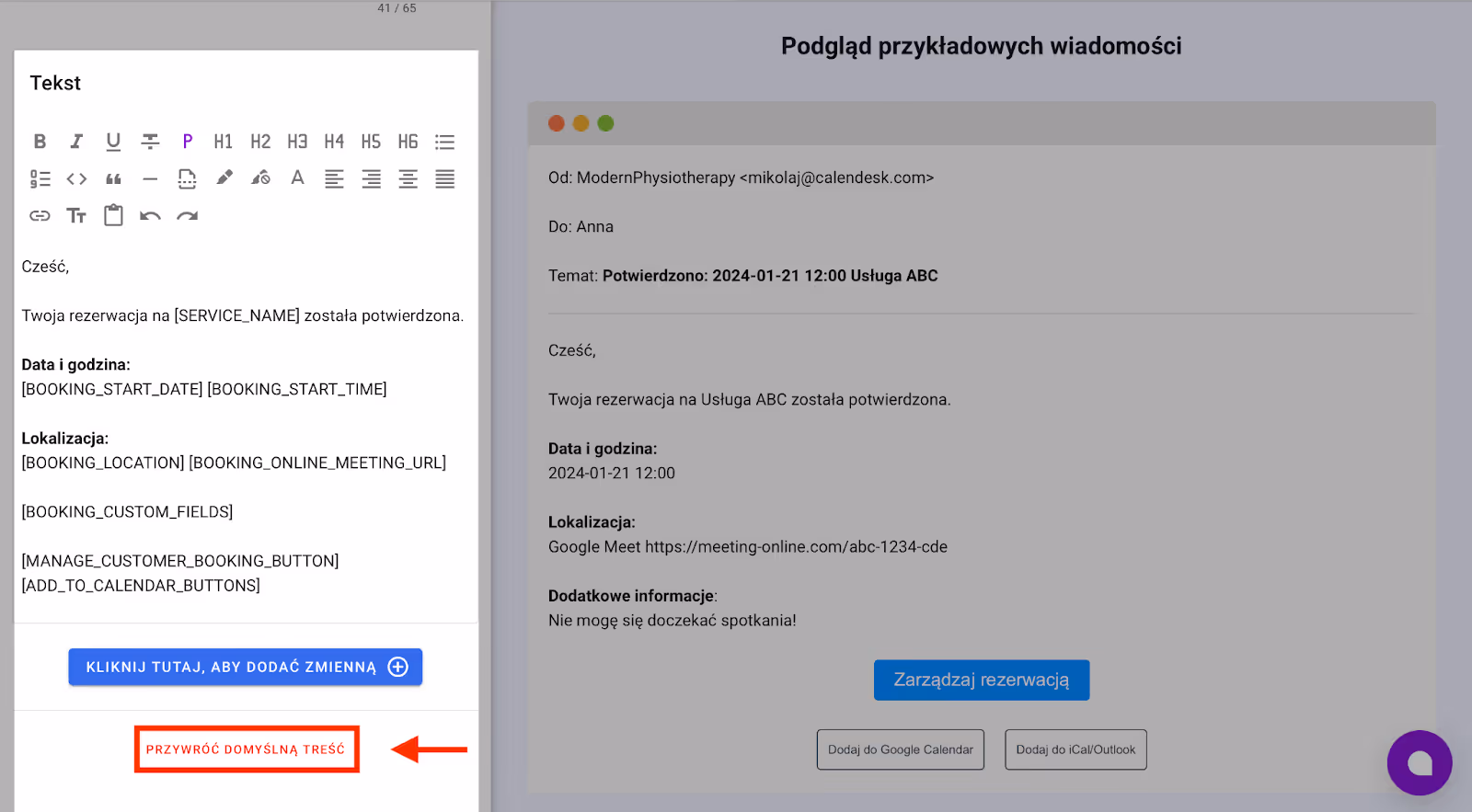 Przywróć domyślną treść powiadomienia. 
