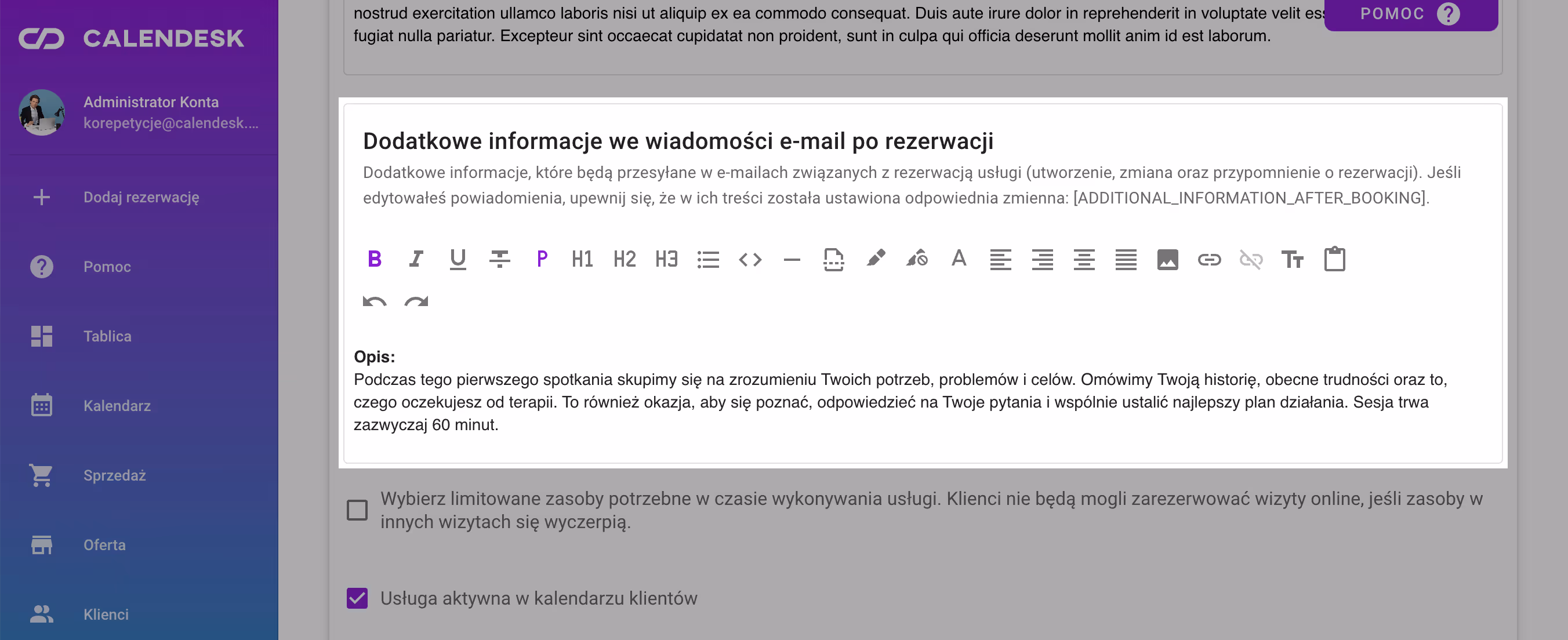 Tekst dodatkowej informacji o usłudze do powiadomień e-mail.