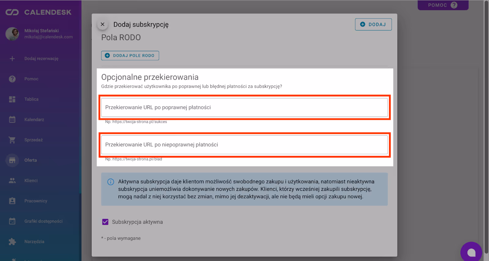 Przekierowania po aktywacji subskrypcji.