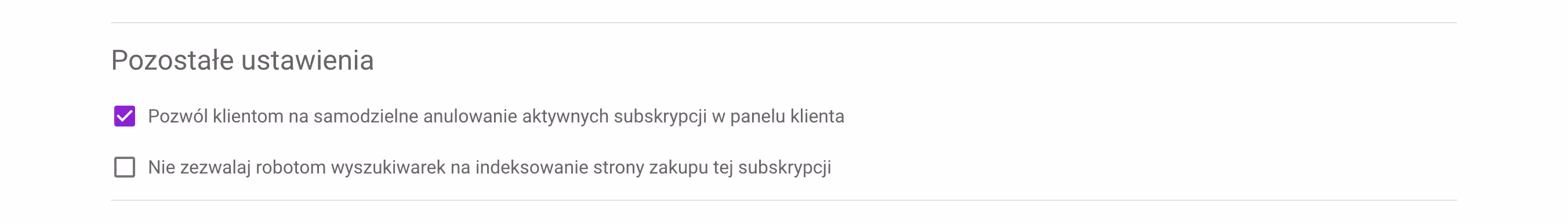 Pozostałe ustawienia subskrypcji.