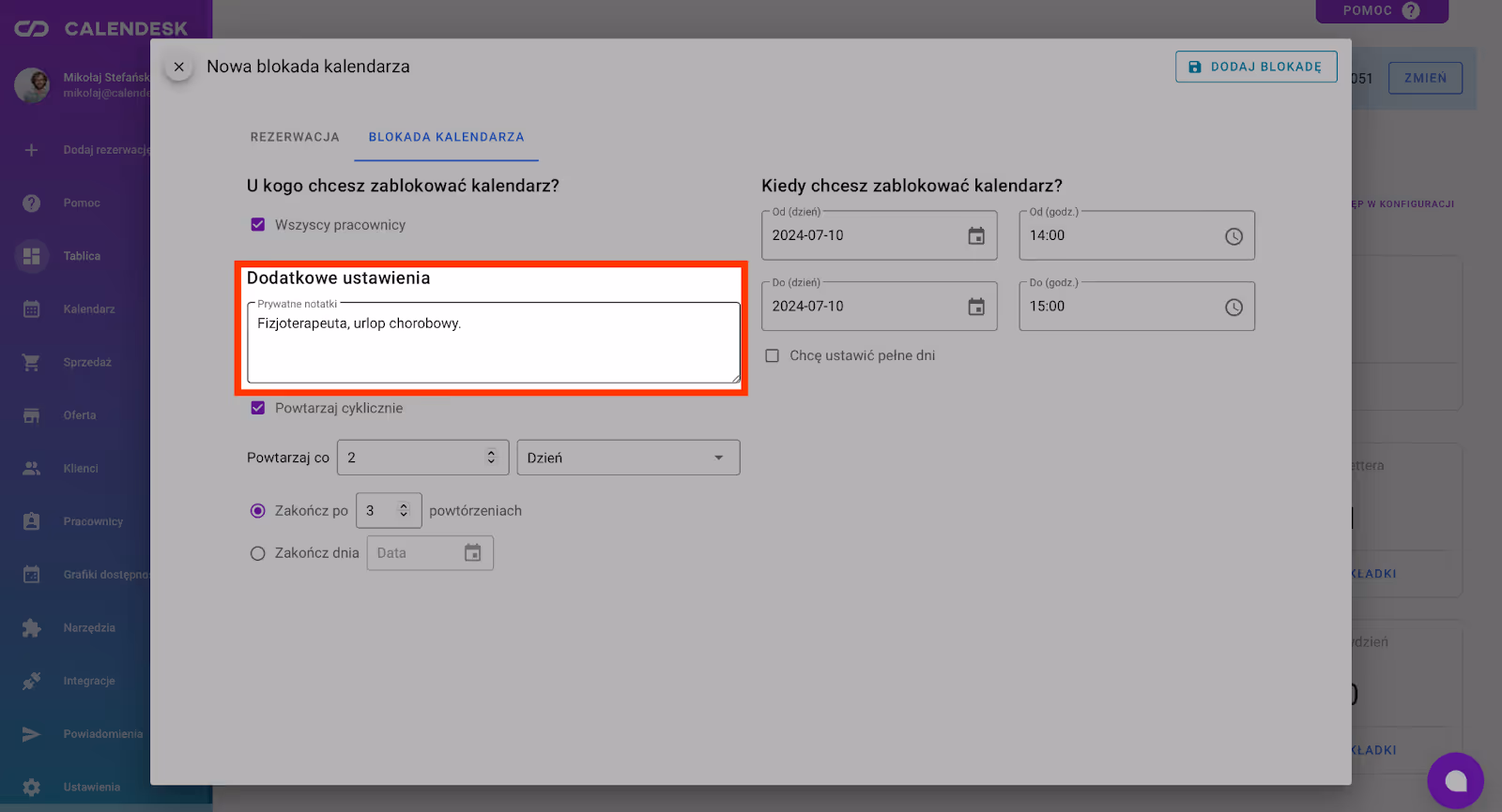 Dodatkowe notatki podczas blokady.