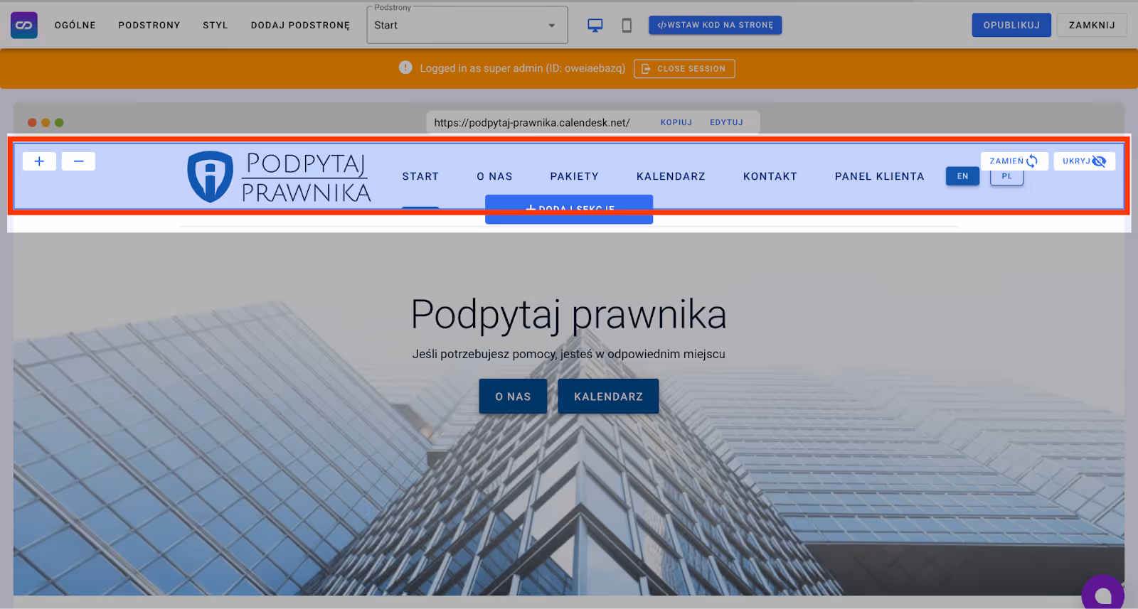 Nagłówek w szablonie strony www wykonanej w kreatorze Calendesk.