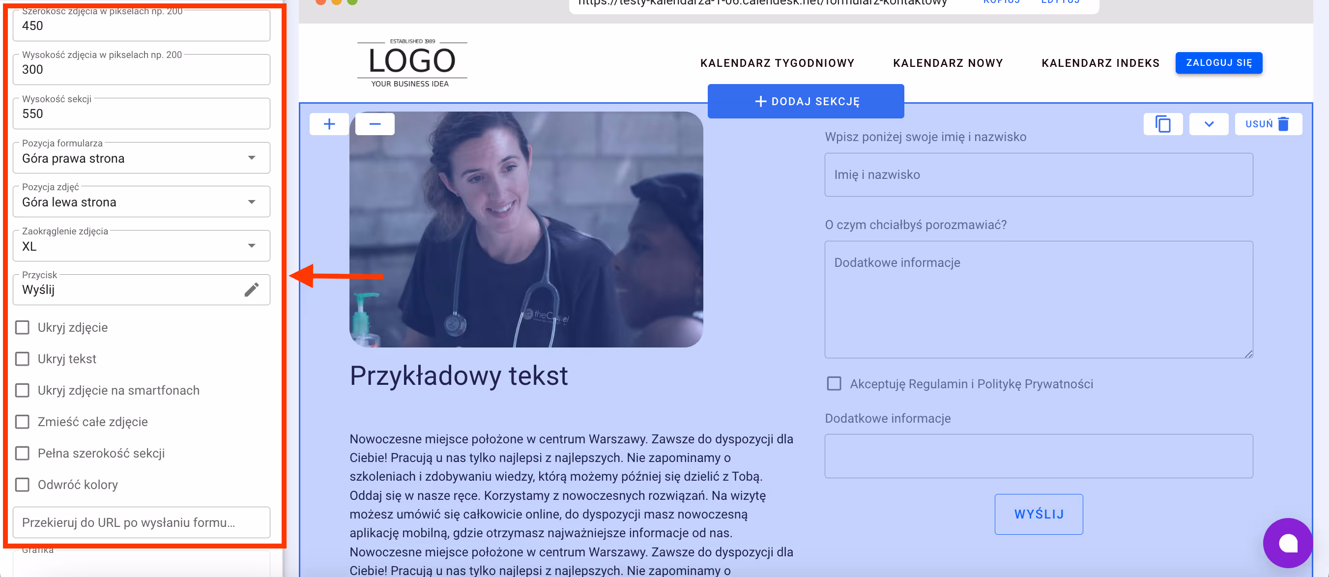 Ustawienia dodatkowe formularza kontaktowego.