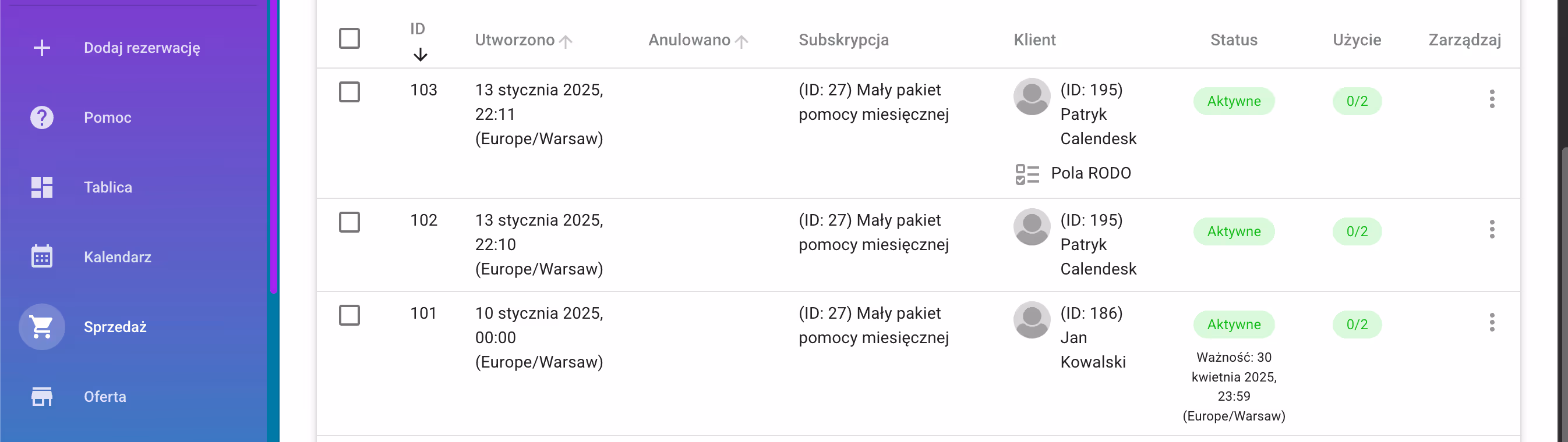 Lista subskrypcji.