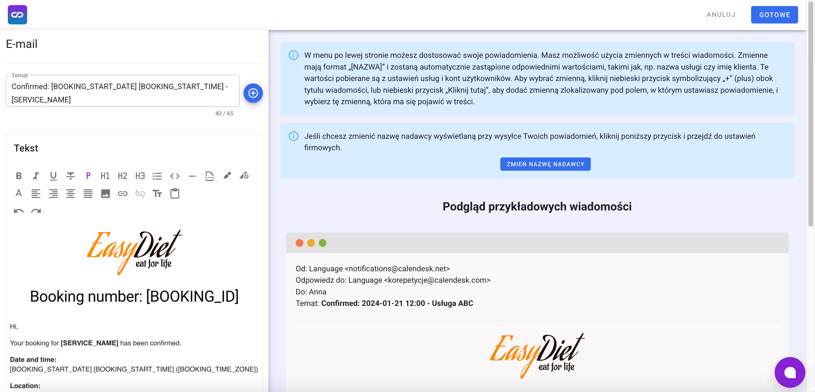 Edycja szablonu powiadomienia.