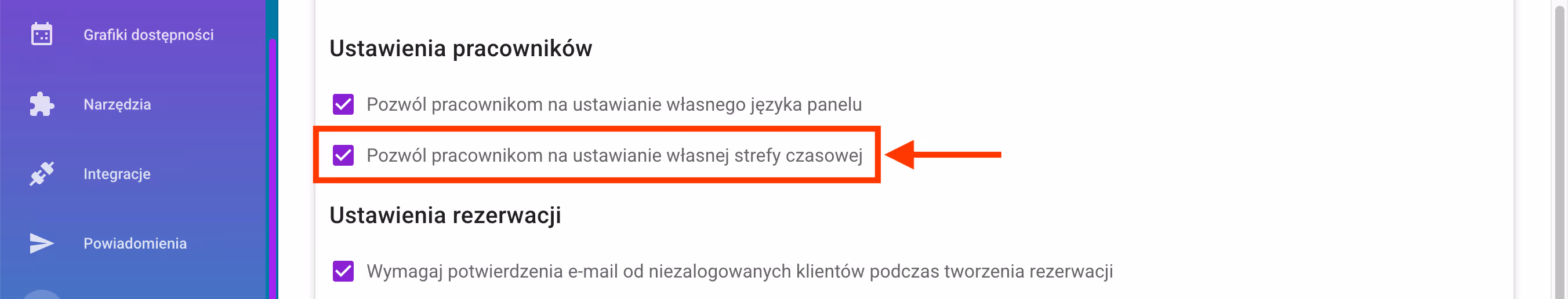 Możliwość uprawnienia pracowników do wybrania strefy czasowej.