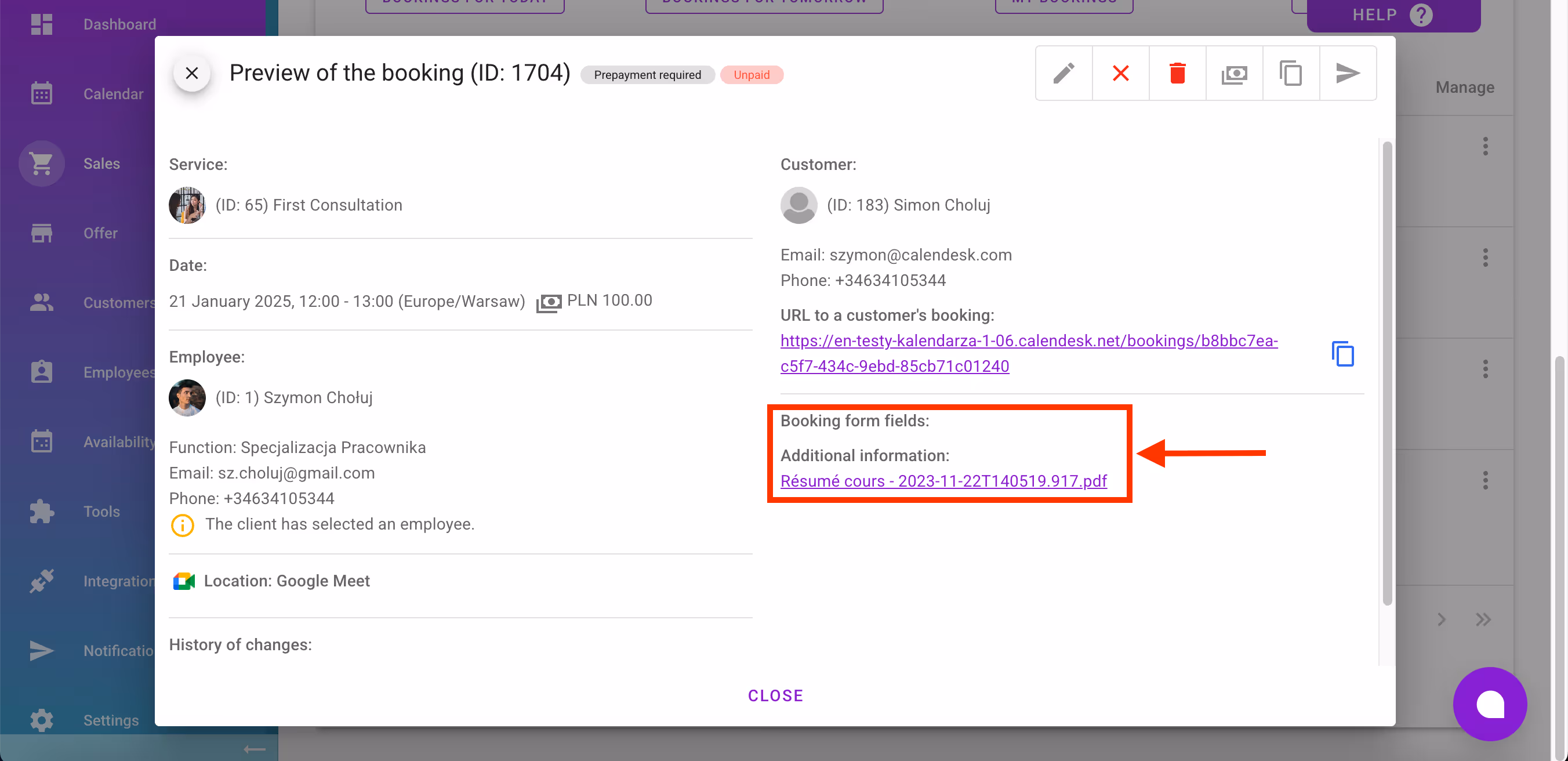 Booking details – link.