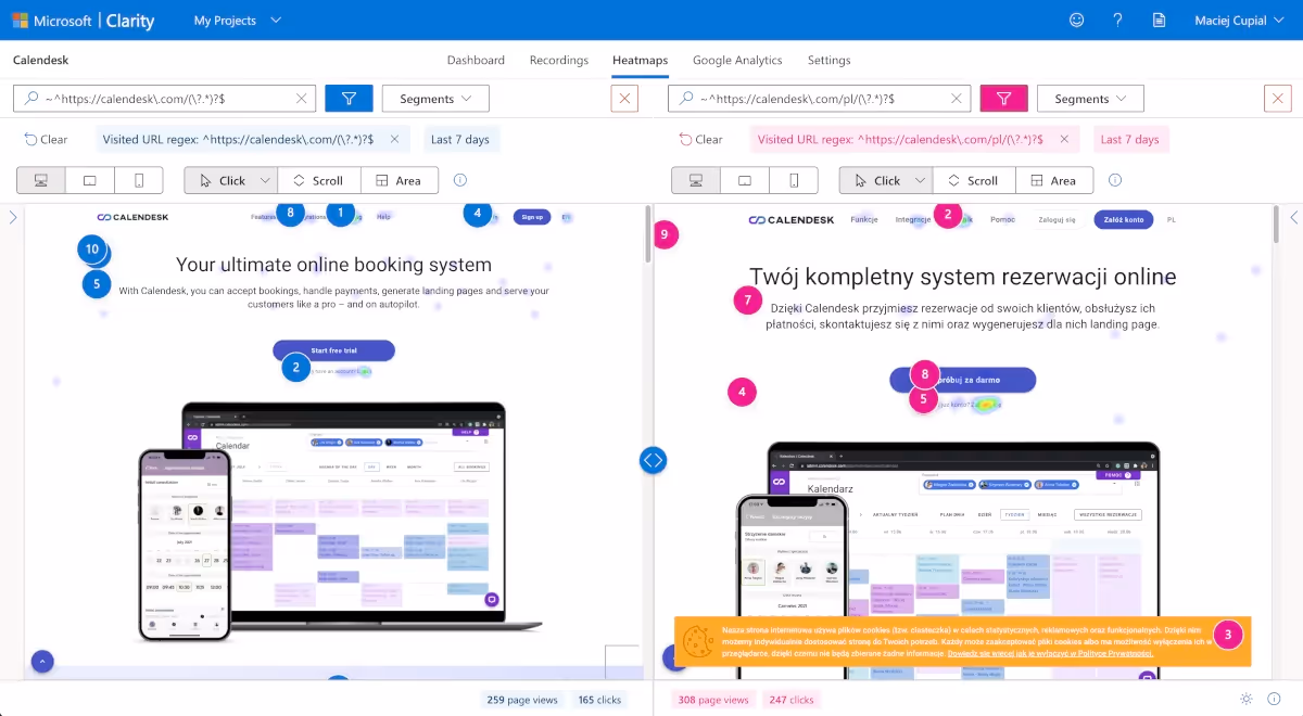 Microsoft Clarity - heatmaps, compare two sites