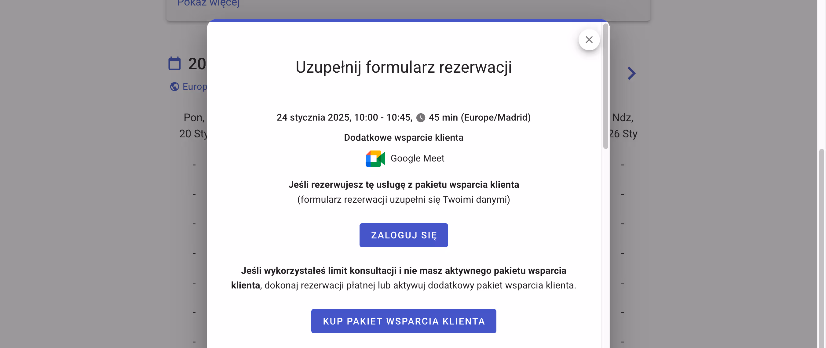Fromularz rezerwacji przed zalogowaniem do konta klienta.