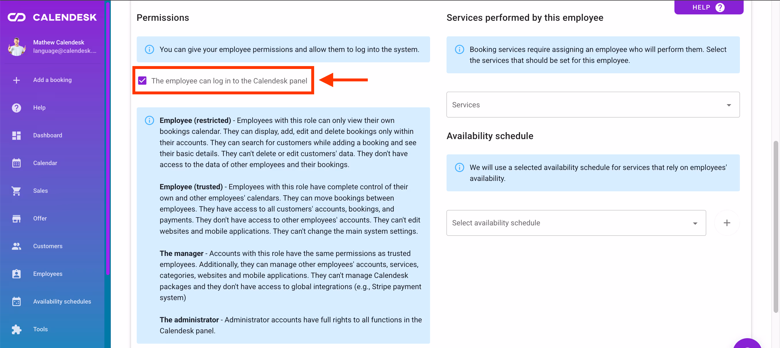 Employee's permissions.