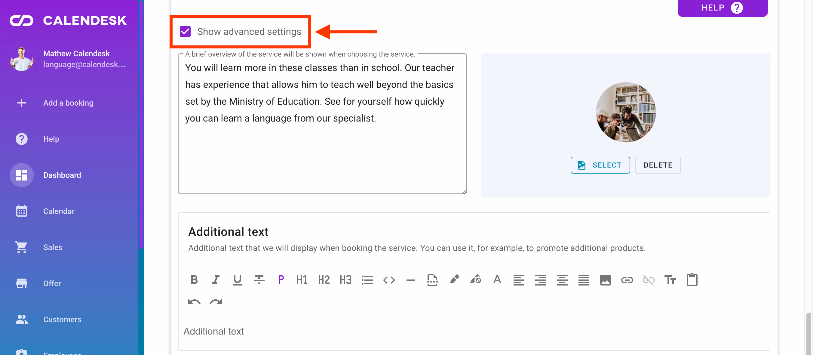 Show advanced settings in services.