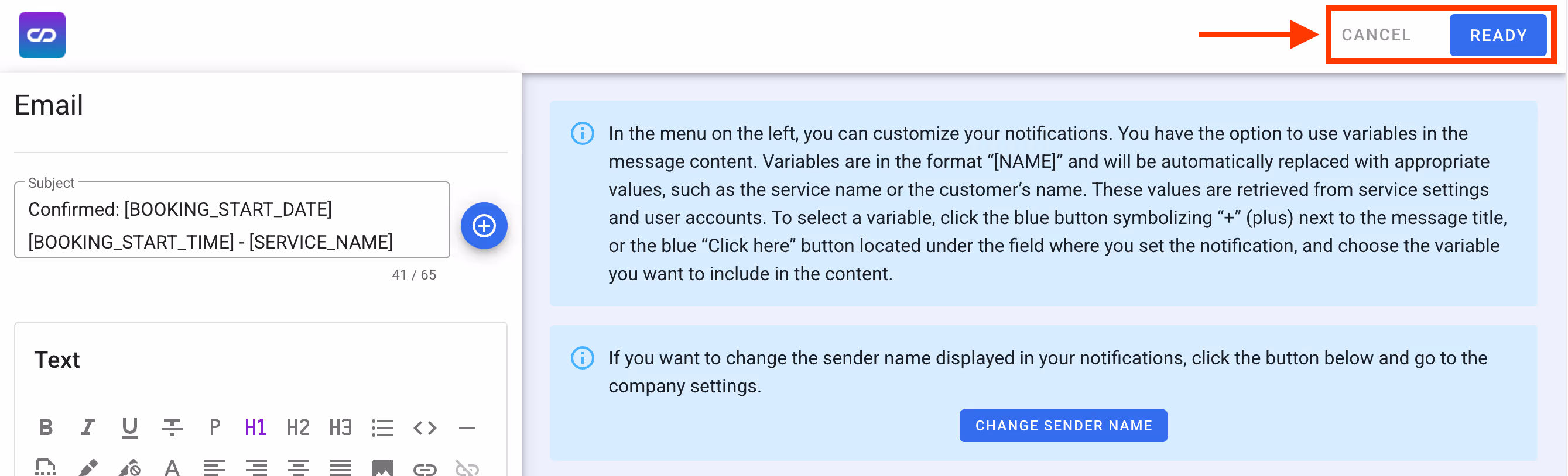 Ready and cancel buttons.
