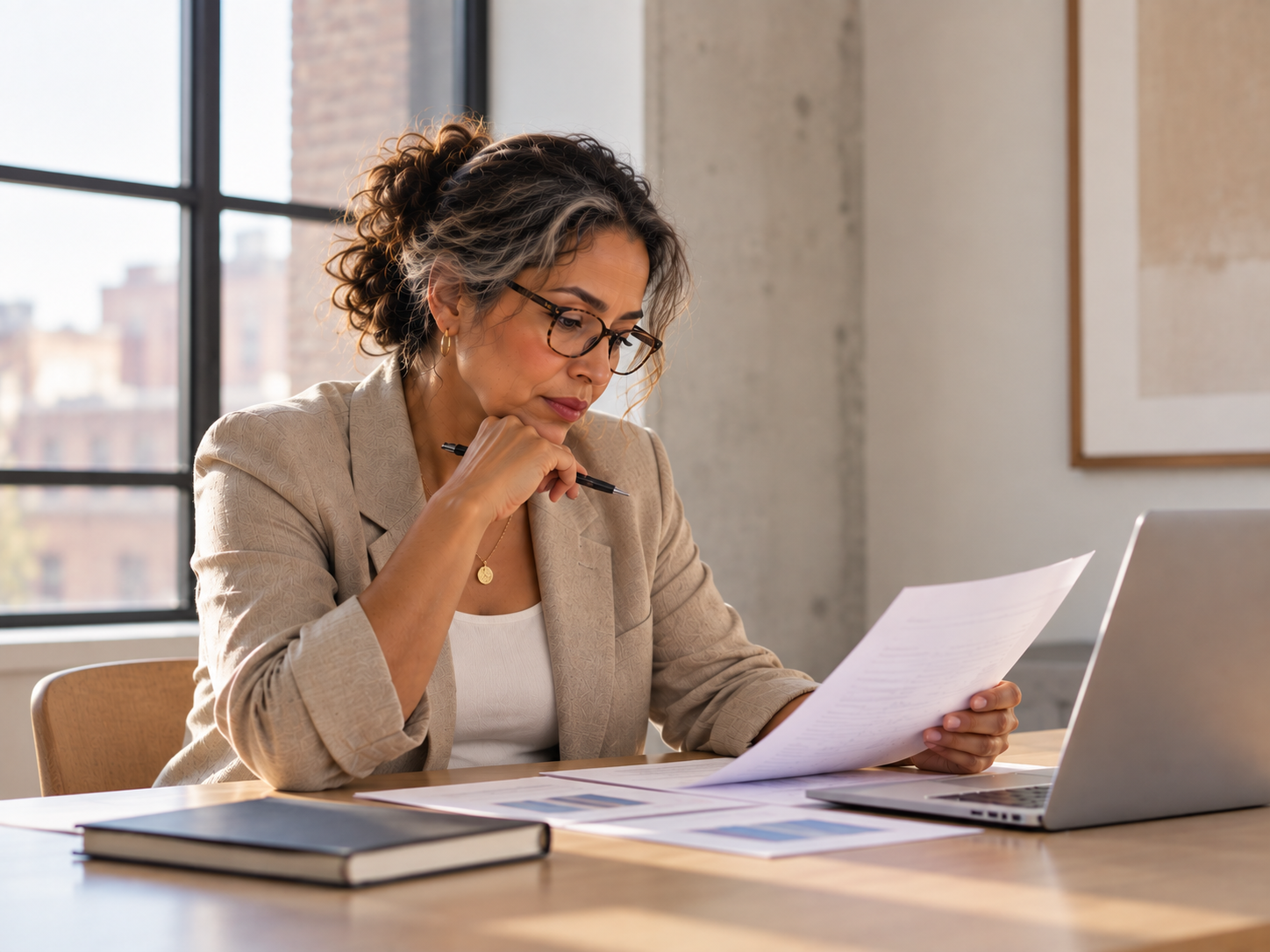 A researcher reviewing project documents at a desk.