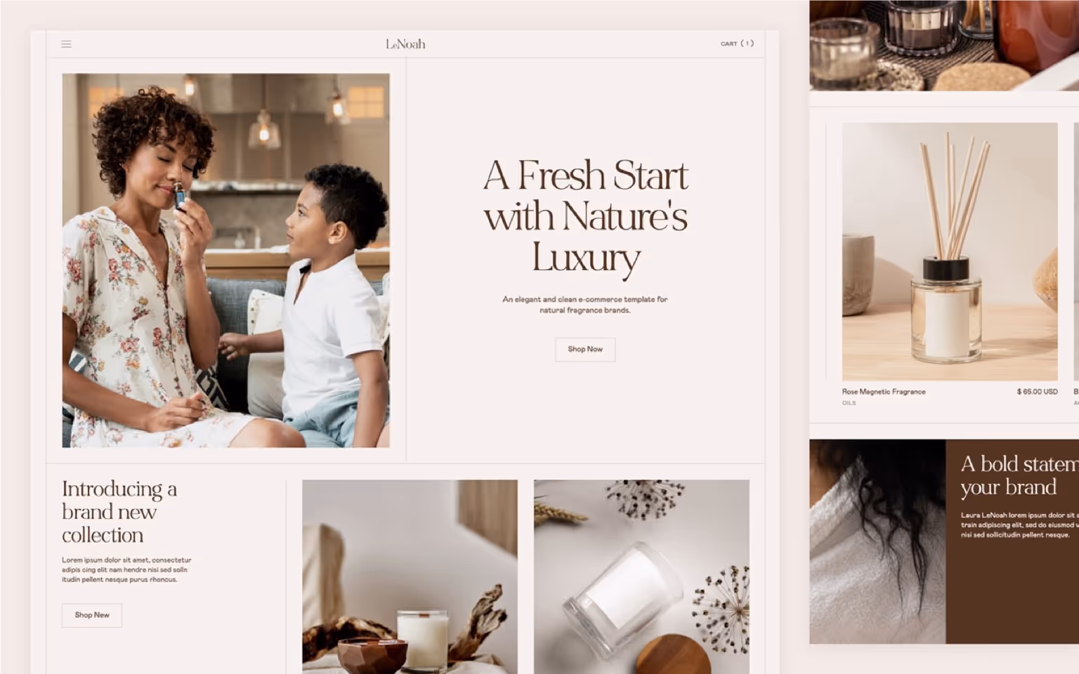 LeNoah is an elegant and clean e-commerce template for luxurious fragrance and wellness brands.
