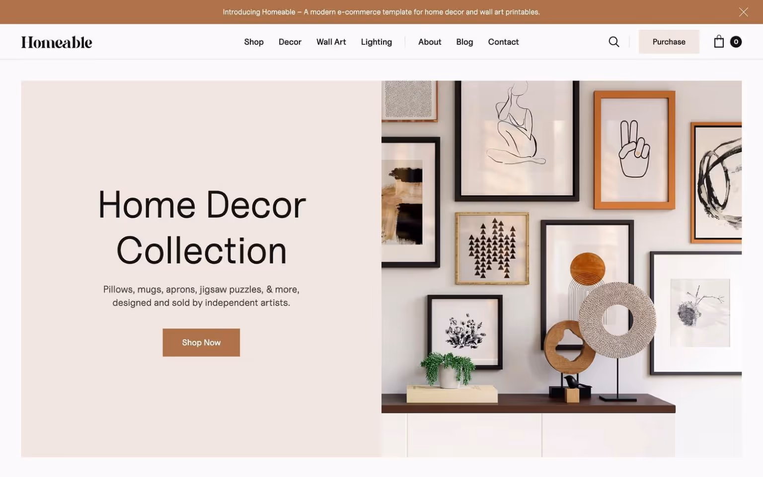 A banner of Homeable –  A clean and modern e-commerce template for home decor and wall art printables.