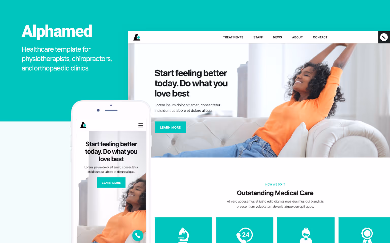 A banner of Alphamed – A professional healthcare template for physiotherapists, chiropractors, orthopedic clinics, and rehabilitation centers. Alphamed makes it easy for potential patients to find relevant information.