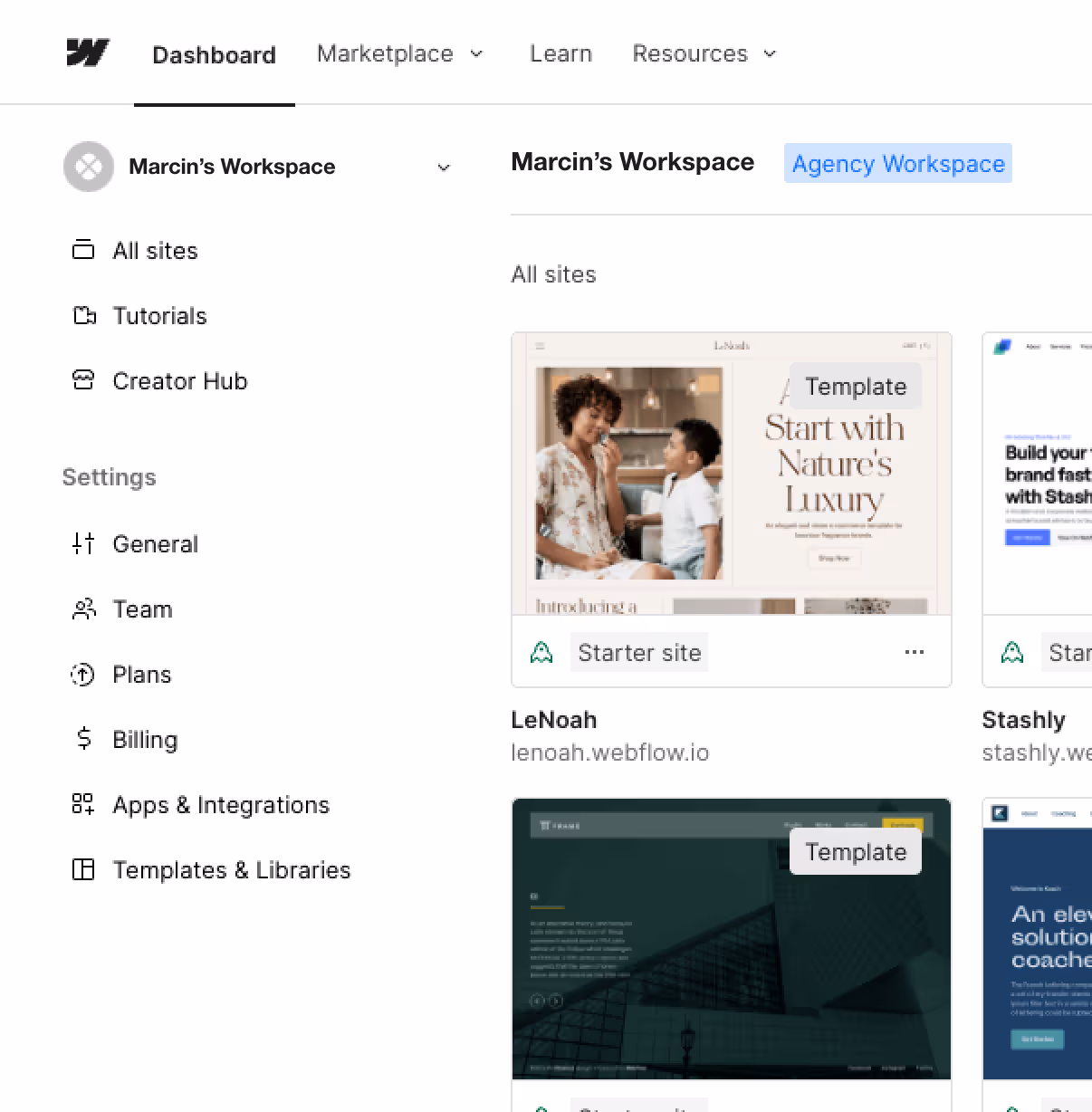An image of the Webflow dashboard – where all purchased templates and projects appear.