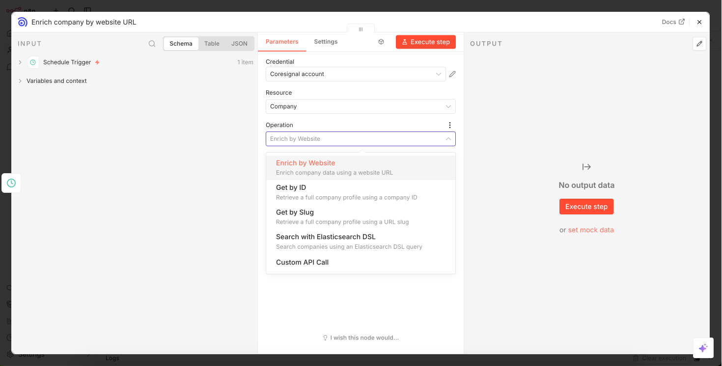 Configure node operation (Search/Enrich Company/Employee/Jobs)