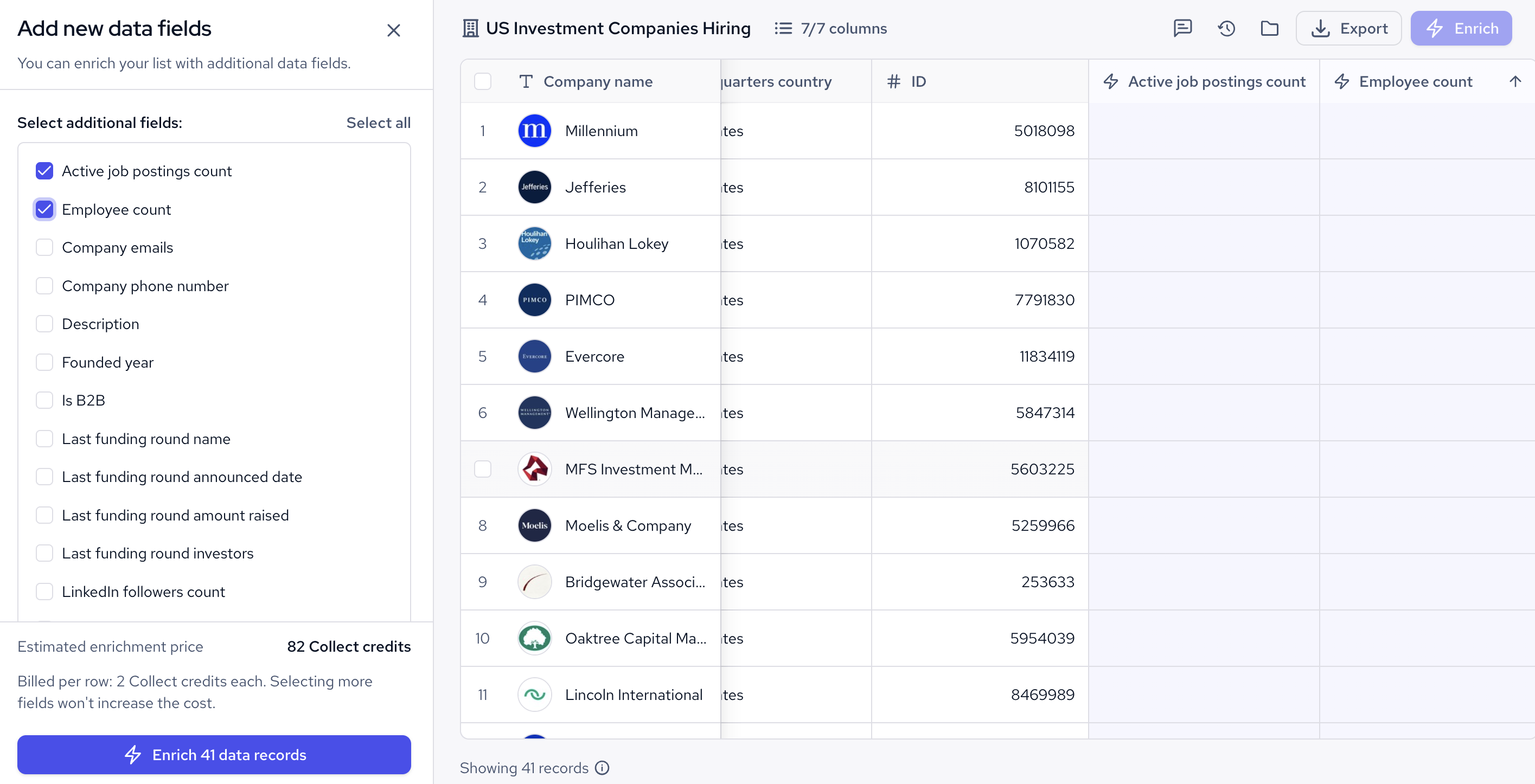 enrich company data with active job postings count