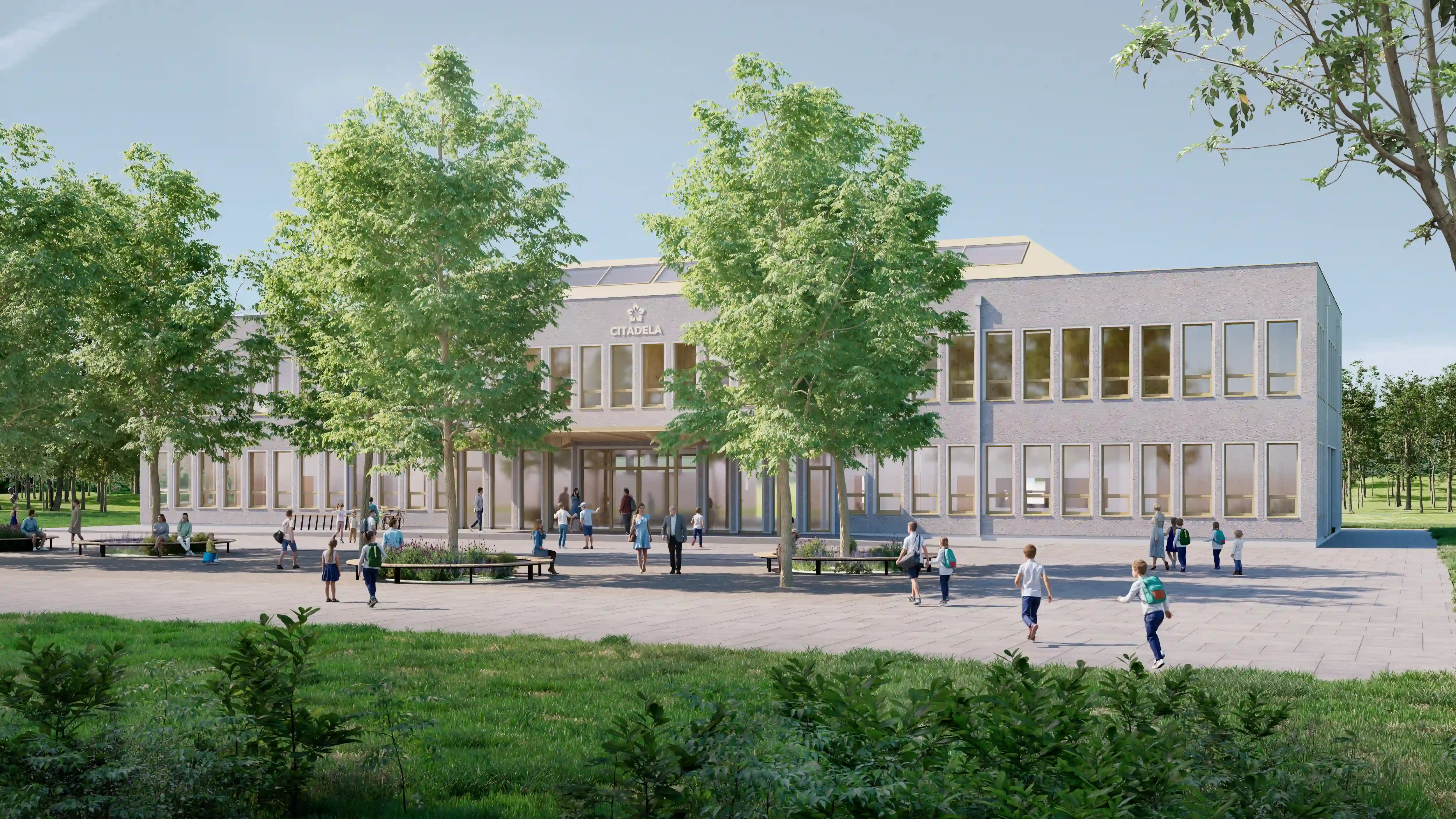 Architektonická vizualizácia nového kampusu Kolégia Antona Neuwirtha s modernou fasádou a upraveným okolím.