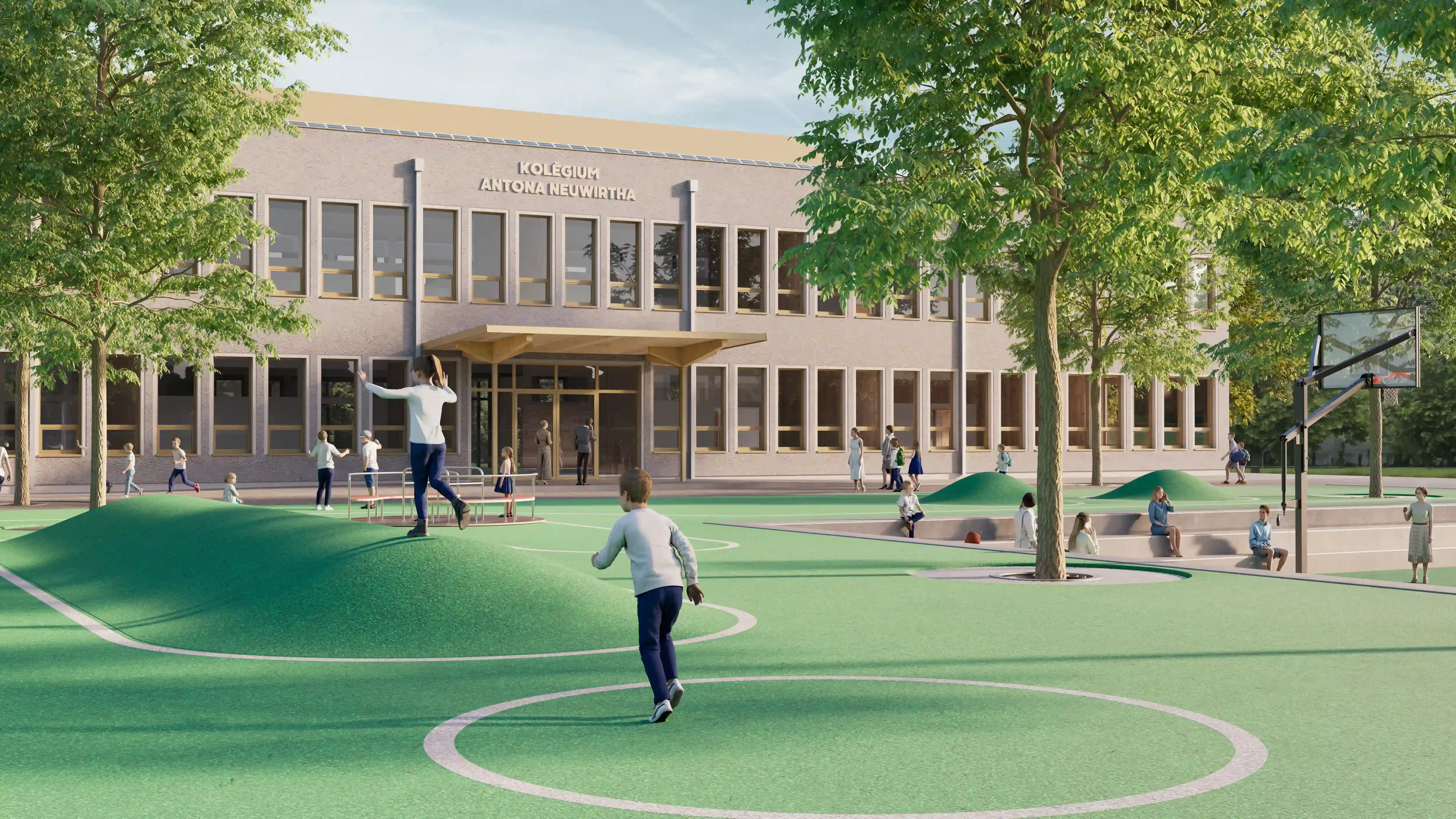 Architektonická vizualizácia nového kampusu Kolégia Antona Neuwirtha, deti na ihrisku.