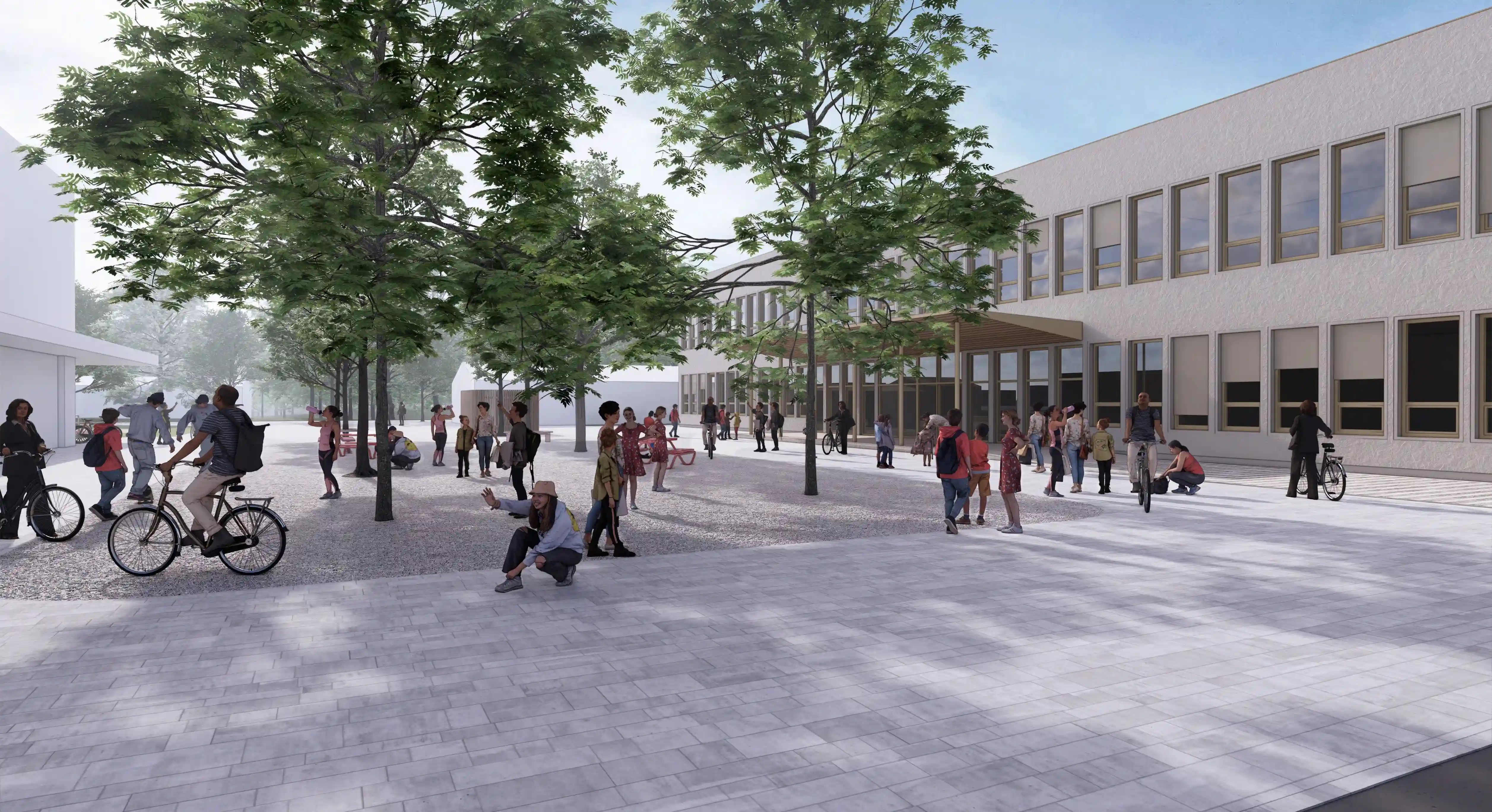 Architektonická vizualizácia nového kampusu Kolégia Antona Neuwirtha, živo pred budovou.