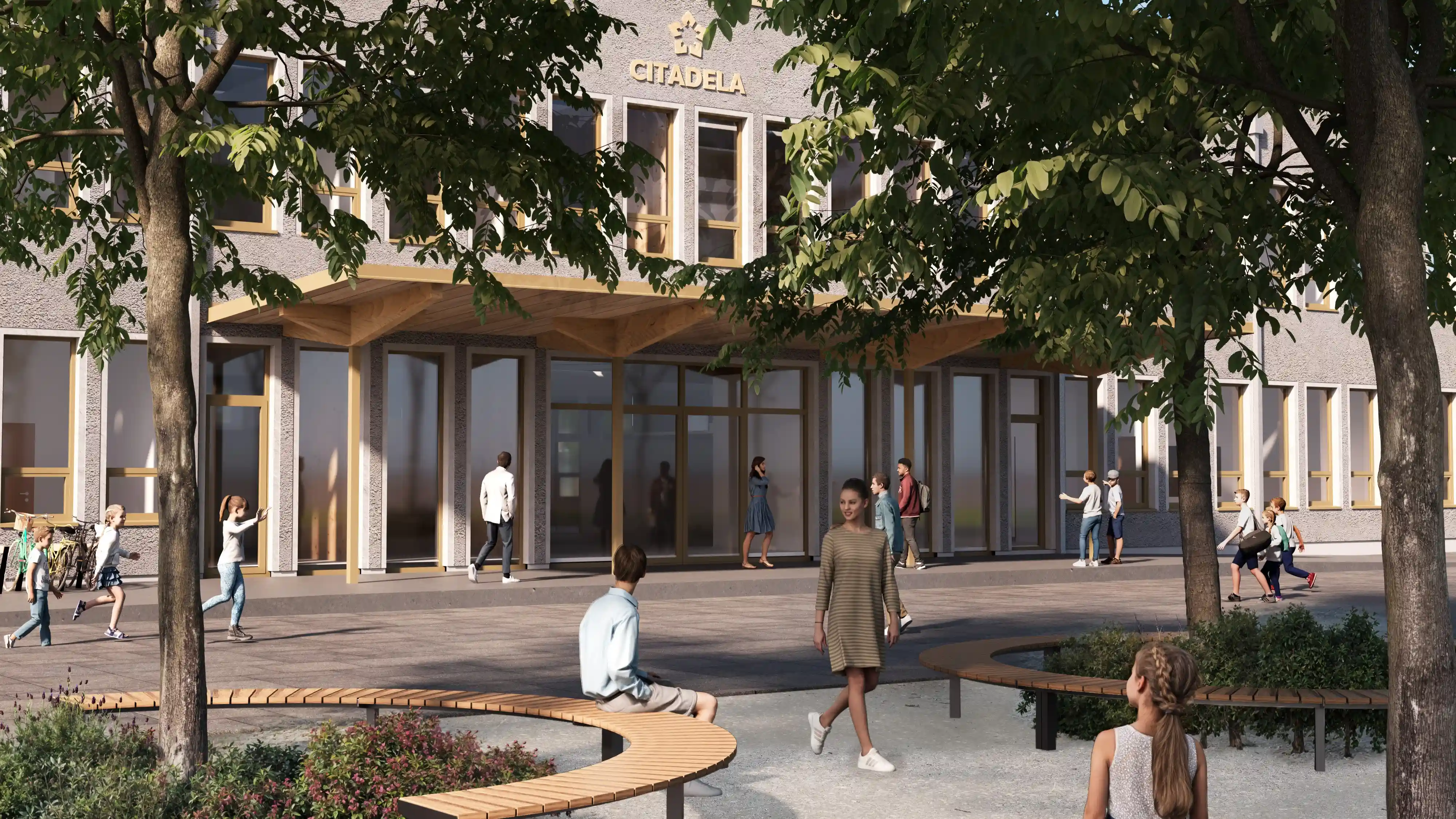 Architektonická vizualizácia nového kampusu Kolégia Antona Neuwirtha, lavičky a zeleň.