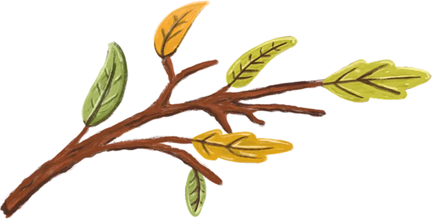 Illustration of a brown tree branch with green and yellow leaves.