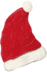Red Santa hat with white fluffy trim and pom-pom.