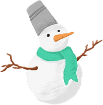 Snowman with a carrot nose, two stick arms, and a green scarf.