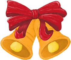 Two golden bells tied together with a large red ribbon bow.