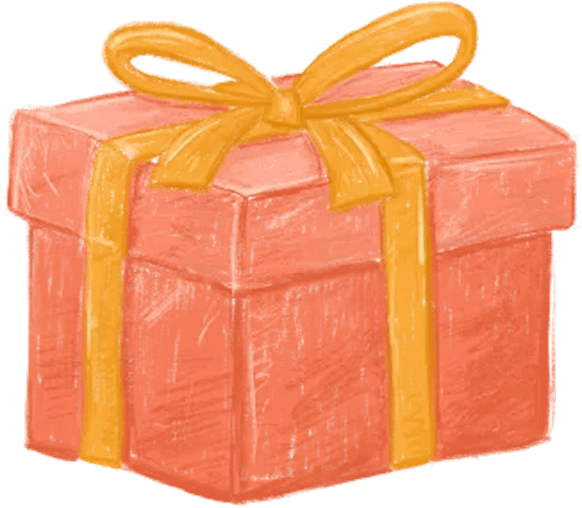 Illustration of a pink gift box wrapped with a yellow ribbon tied in a bow.