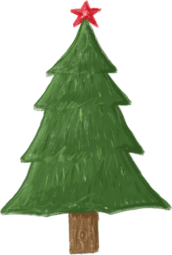 Simple green Christmas tree with a brown trunk and a red star on top.