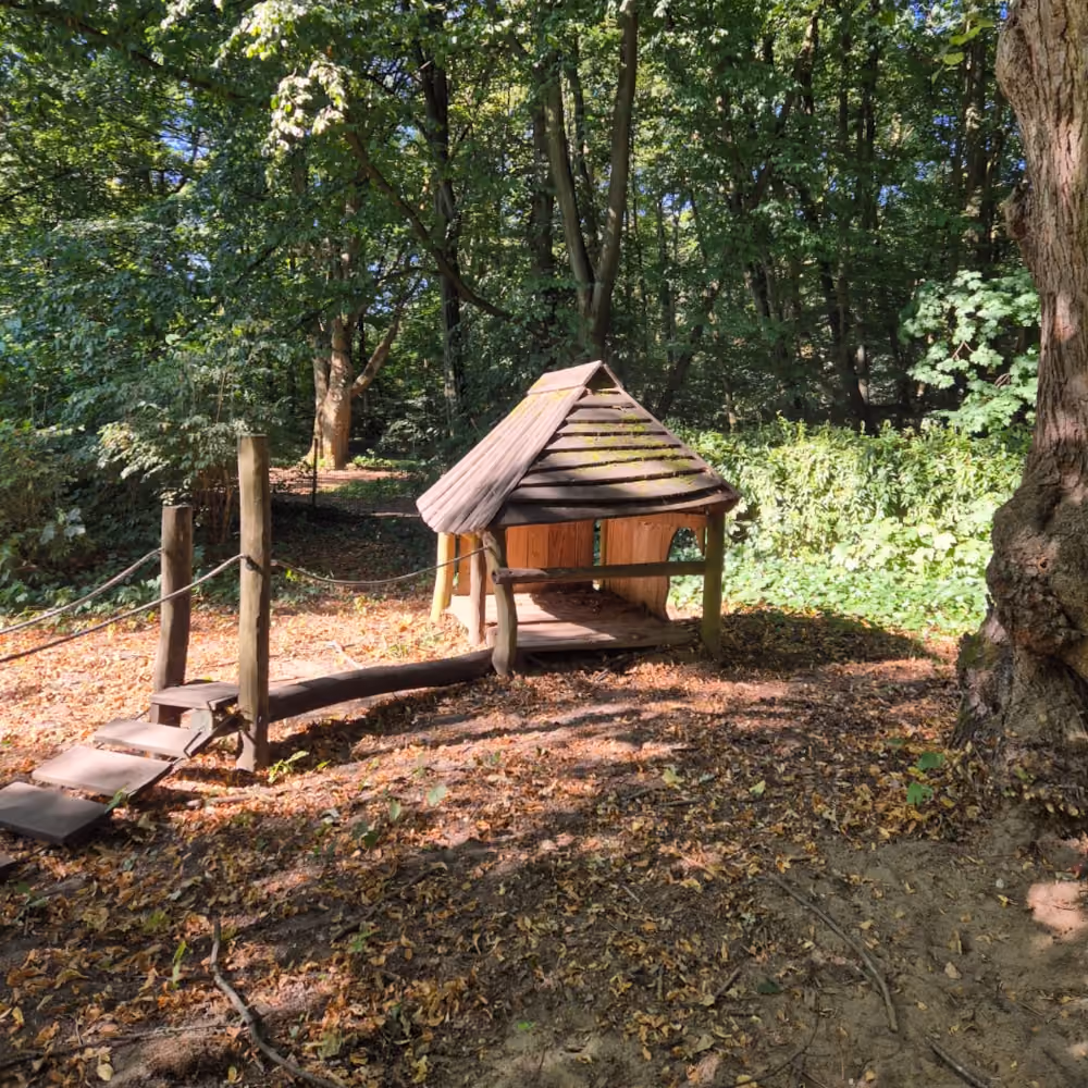 Kleines Holzspielhaus mit schrägem Dach und kleinem Steg mit Geländer im Wald, umgeben von Bäumen und Laub auf dem Boden.