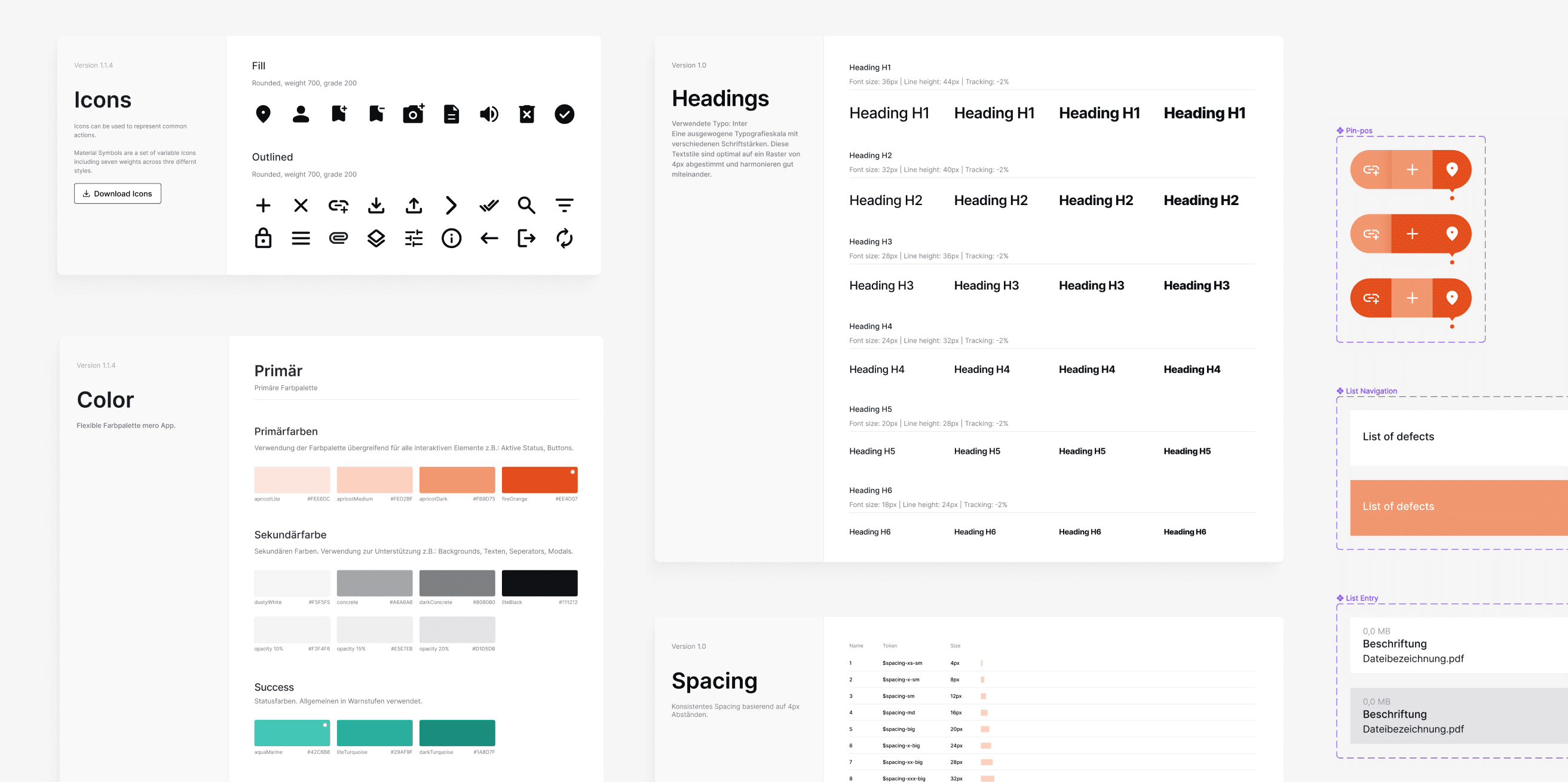 Das Bild zeigt das Design-System der mero App bestehend aus: Icons, Farben, Headings, Spacing und weiteren UI components aus Figma.