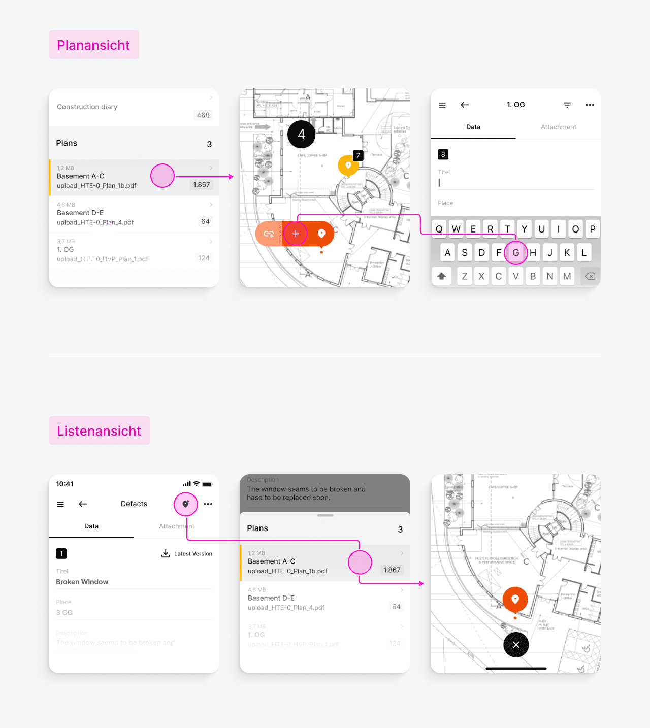 Interfaceausschnitte der App auf der zwei unterschiedliche Flows zu sehen sind. Der erste Flow zeigt den Ablauf zur Erstellung eines neuen Pins aus der Planansicht kommend. Der zweite Flow den Pfad aus dem Eintrag kommend.