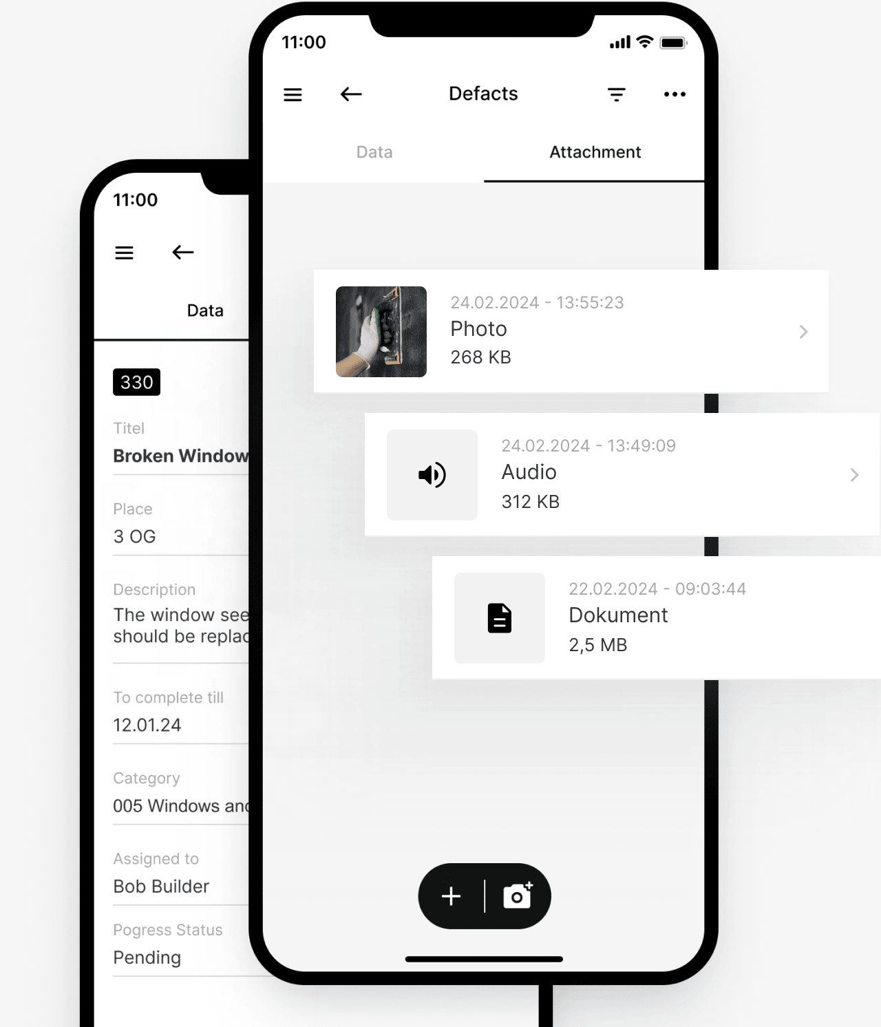 Das Bild zeigt zwei Mockups der Mobile App. Auf einem Screen ist der Tab Daten aktiv und die dazugehörigen Einträge darunter zu sehen. Auf dem anderen Screen ist der Tab Anhänge geöffnet und diverse angehängte Datenformate die dem Eintrag zu sehen.