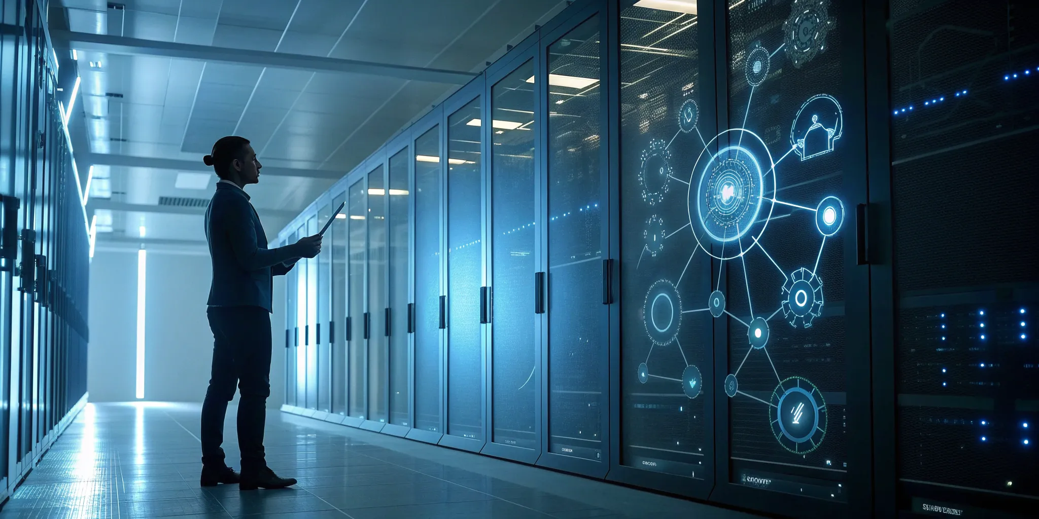 AI agent network visualized on a tablet in a data center.