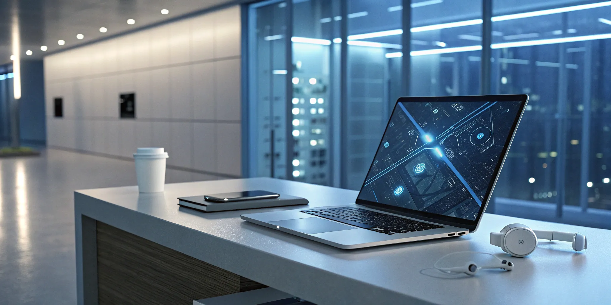 AI cold calling setup with laptop, headphones, and smartphone.