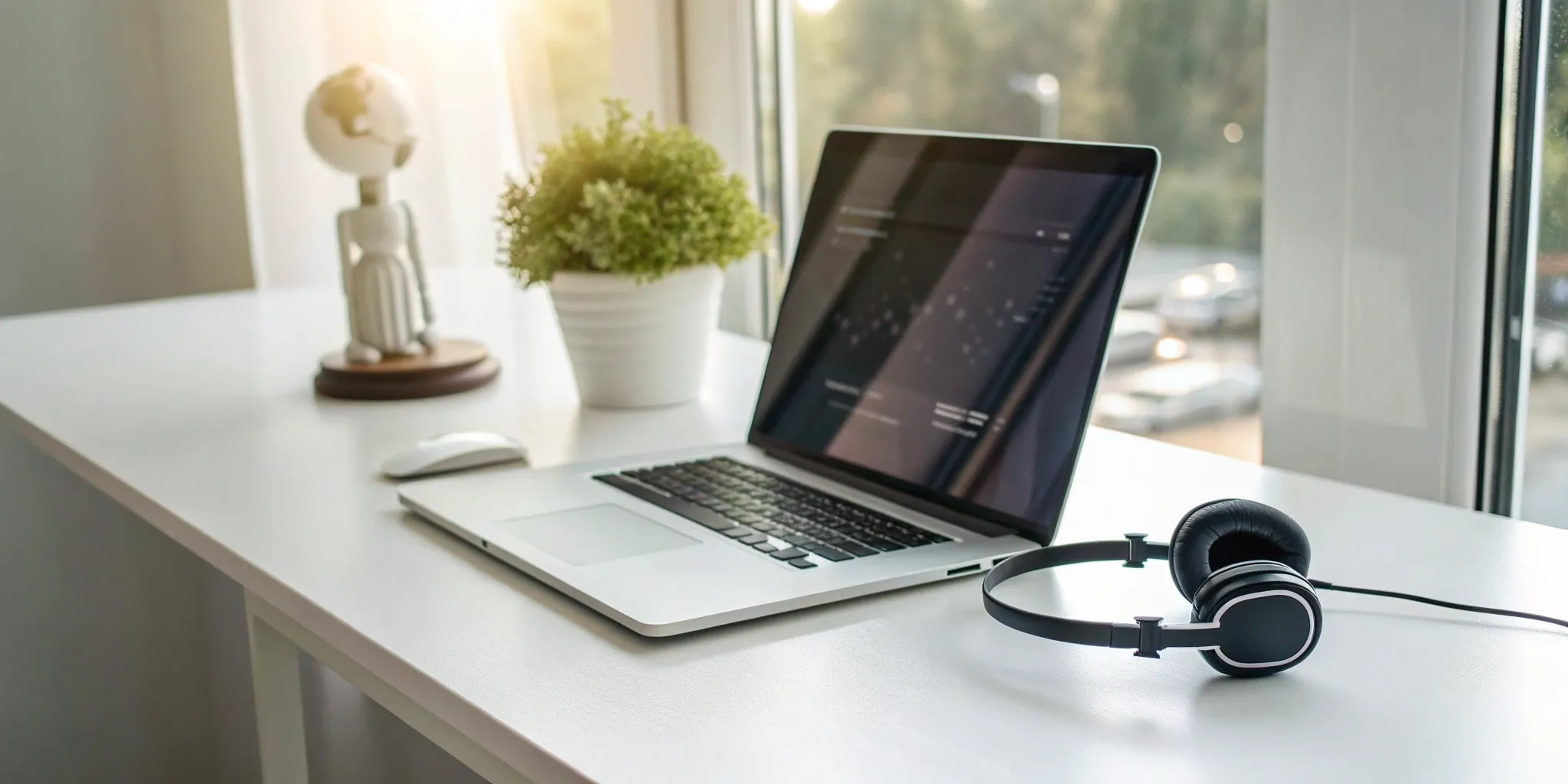 Contact center AI platform tools on a desk with a laptop, headset, and plant.