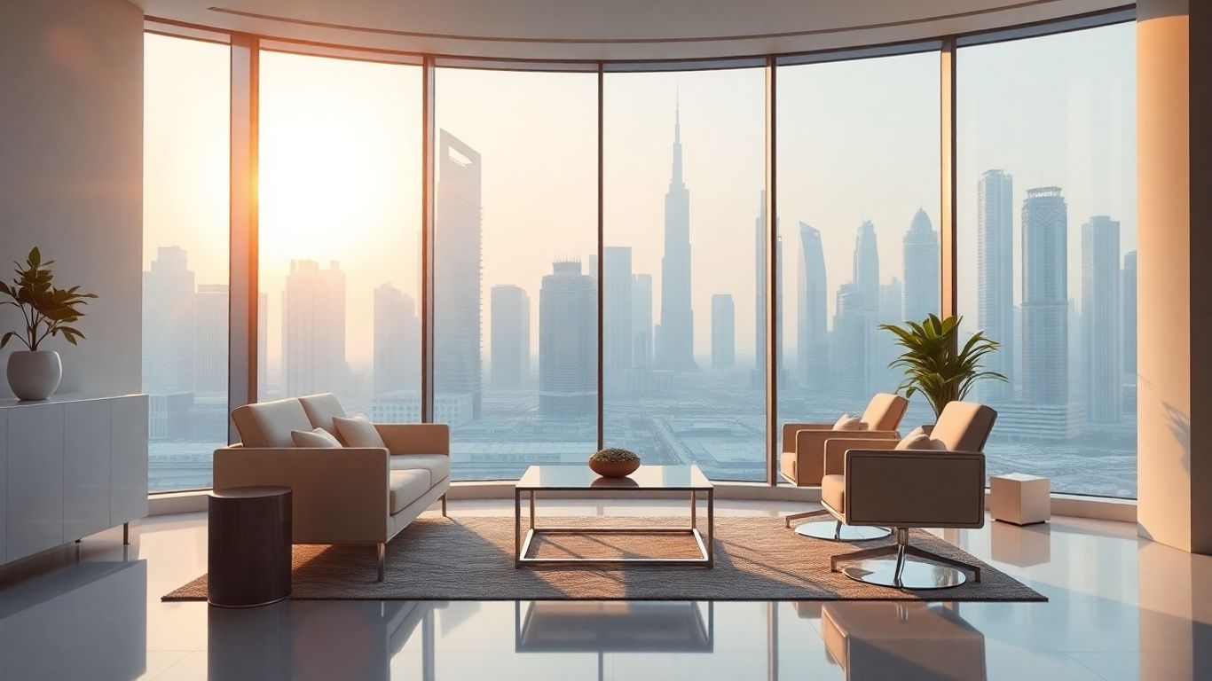 Dubai skyline and modern office interior
