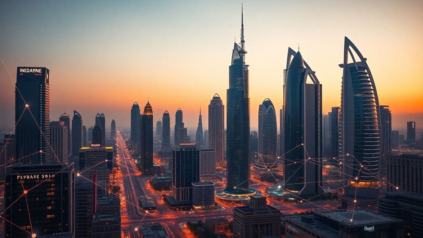 Dubai skyline with digital network overlay