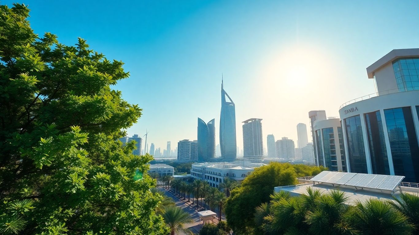 Abu Dhabi skyline with green spaces and modern architecture.